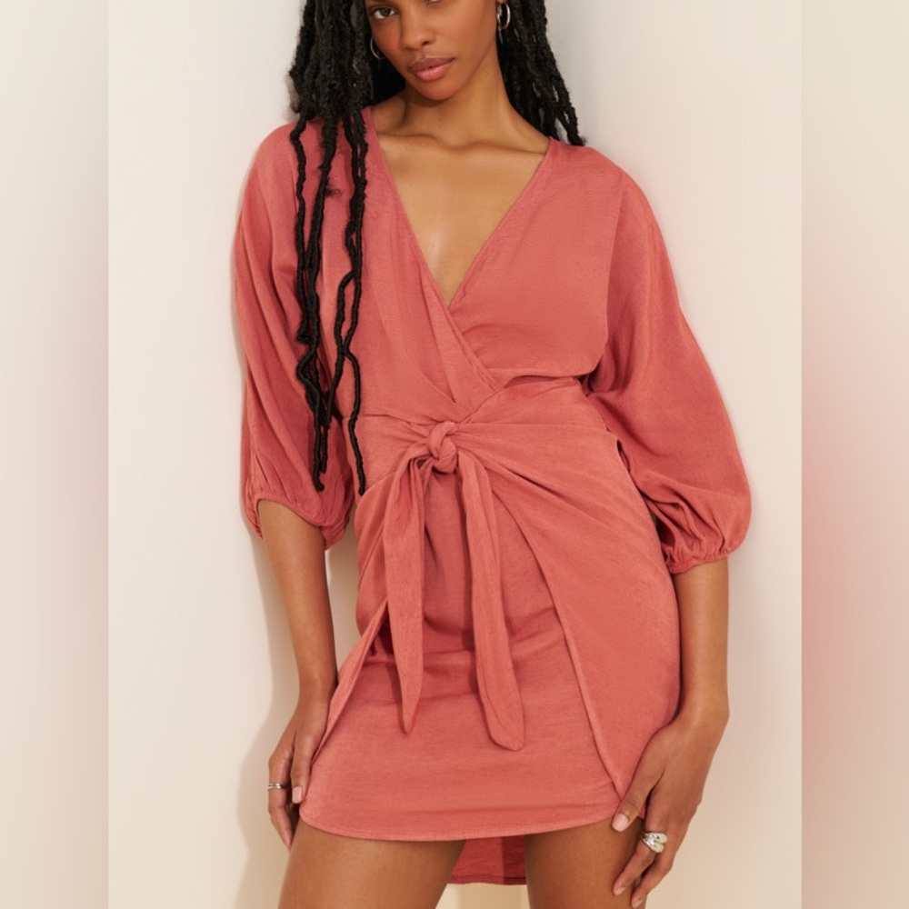 Tie front wrap mini dress rust pink